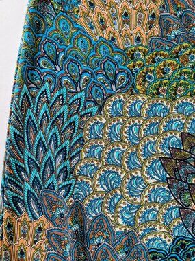 A-line Slinky Knit Midi Skirt XL Blue Peacock Colorful Comfy Pull On Office